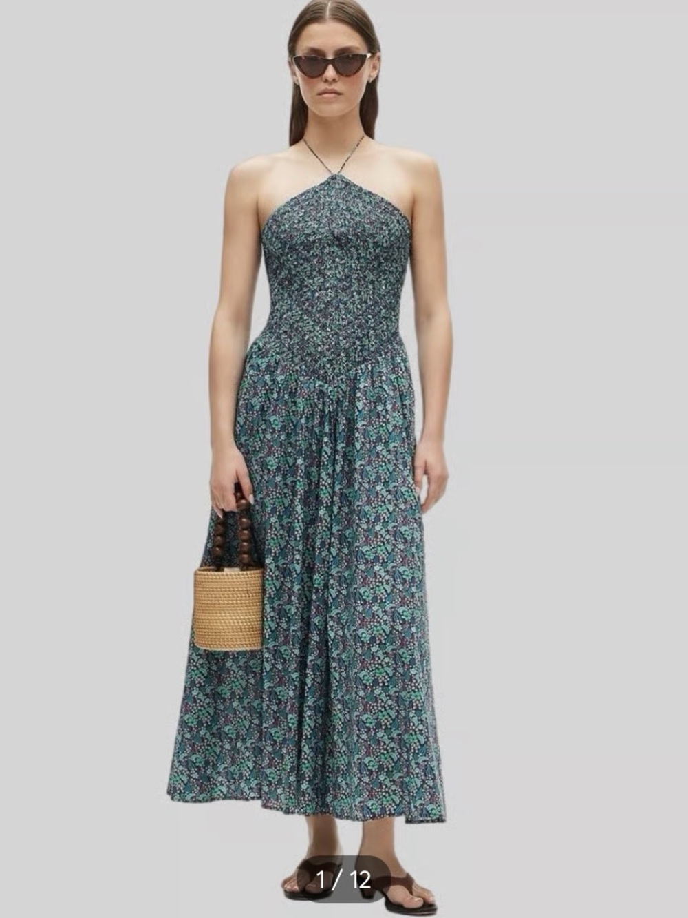 J. Crew Teal Floral Smocked Halter Midi Dress